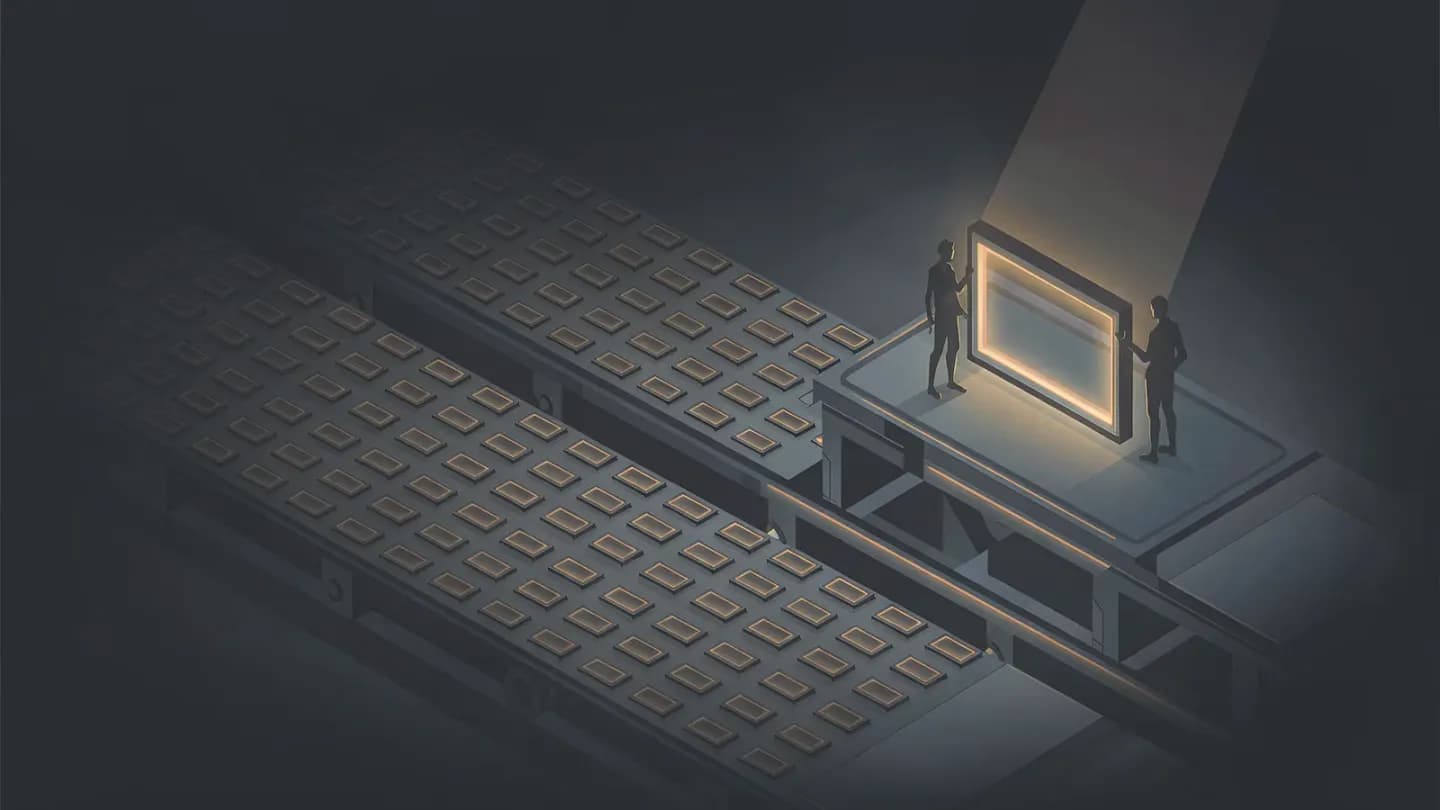 Editorial illustration of a long conveyor of glowing frames with two figures inspecting one frame aside on a platform