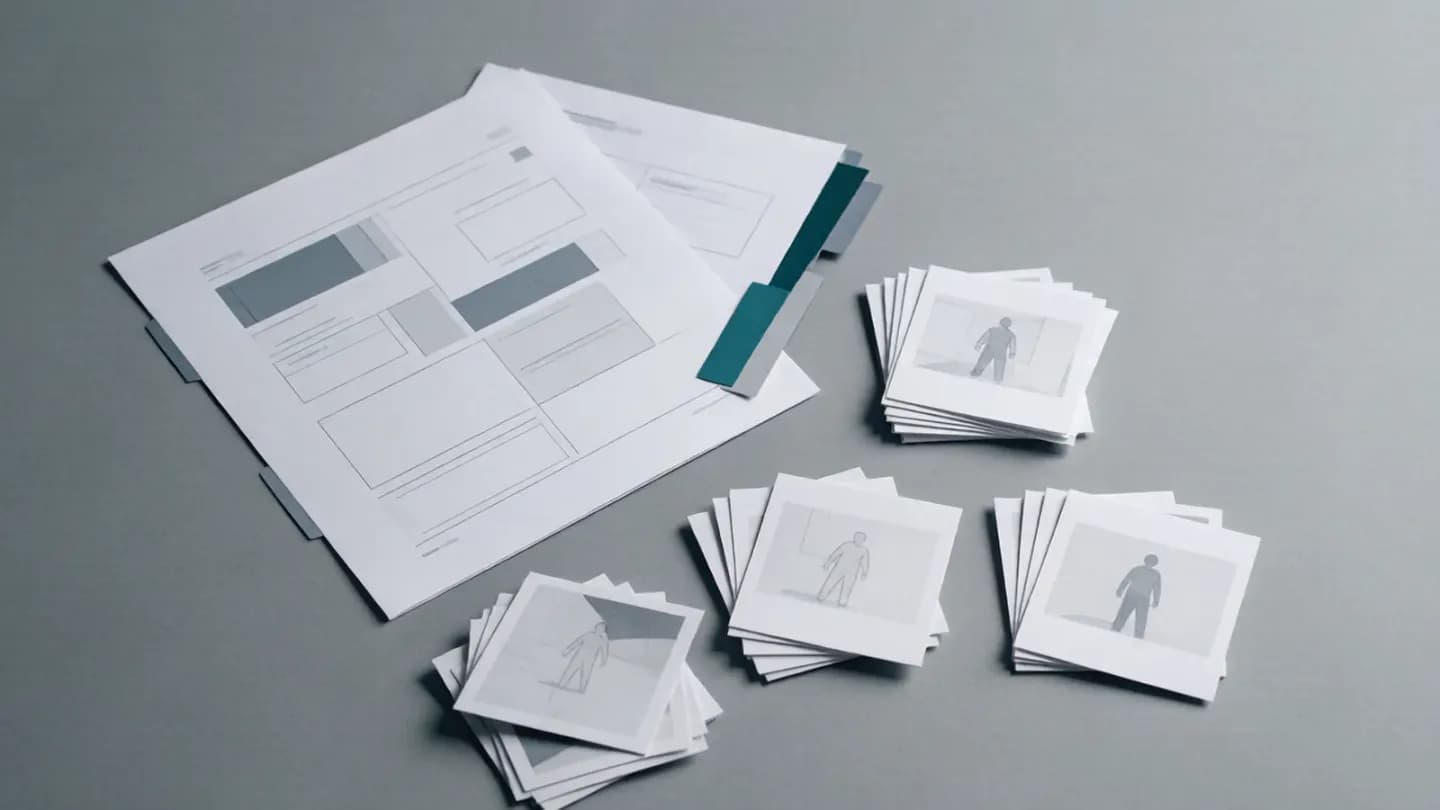 A production scope document with colour-coded tabs beside storyboard cards sorted into three separate piles on a grey desk