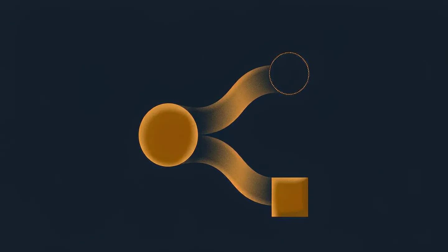 One glowing node splitting into two branches: one reaching a solid square, the other reaching a hollow dotted circle.