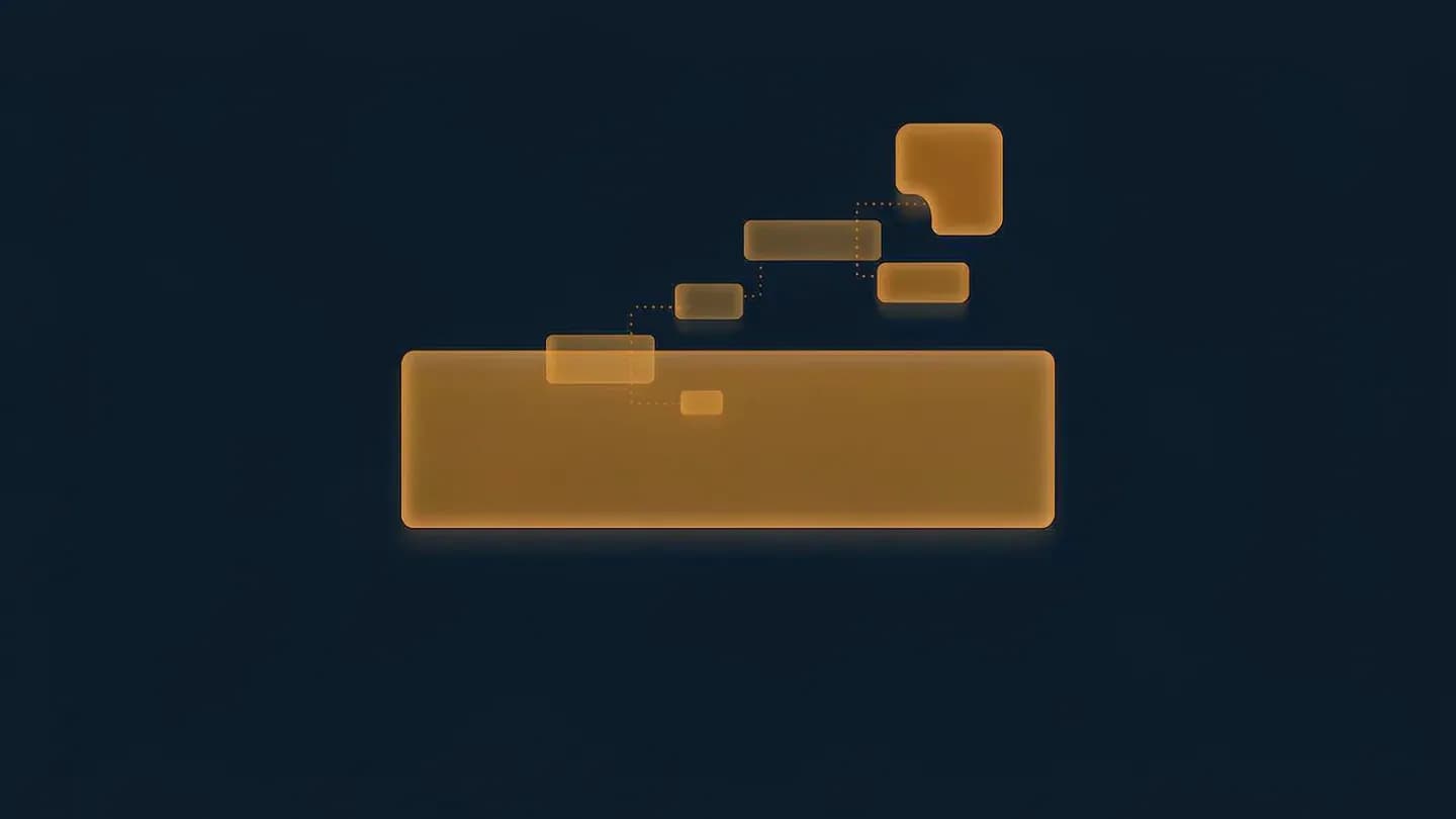 One bold amber beam running across a deep navy field with smaller translucent fragments branching off it along dotted lines.
