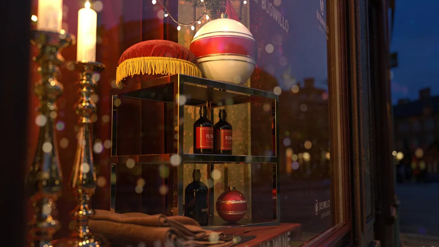 Festive retail window display with glowing holiday lights and premium products
