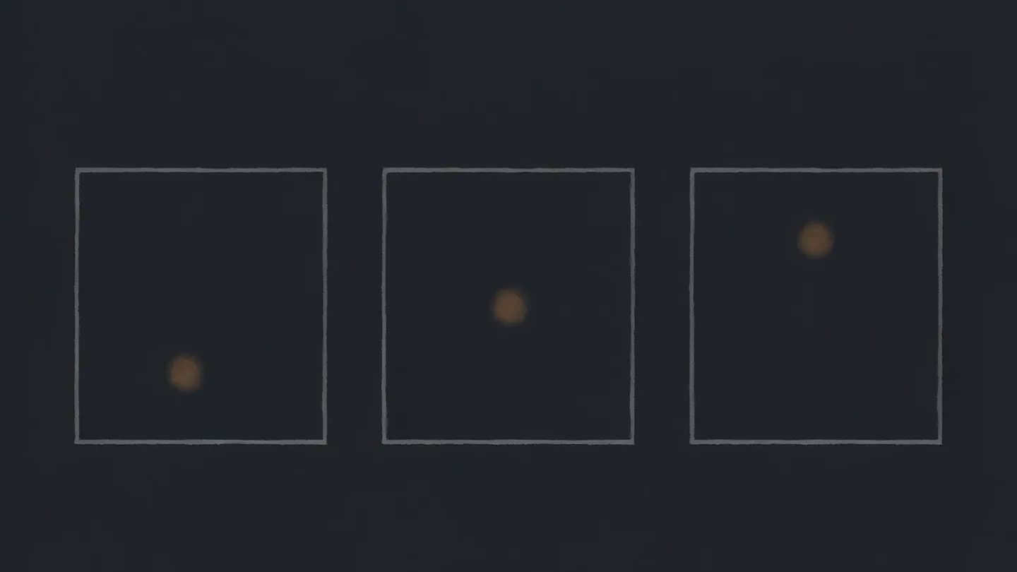 Three separate outlined square panels, each holding one amber dot at a different height, standing apart with gaps.