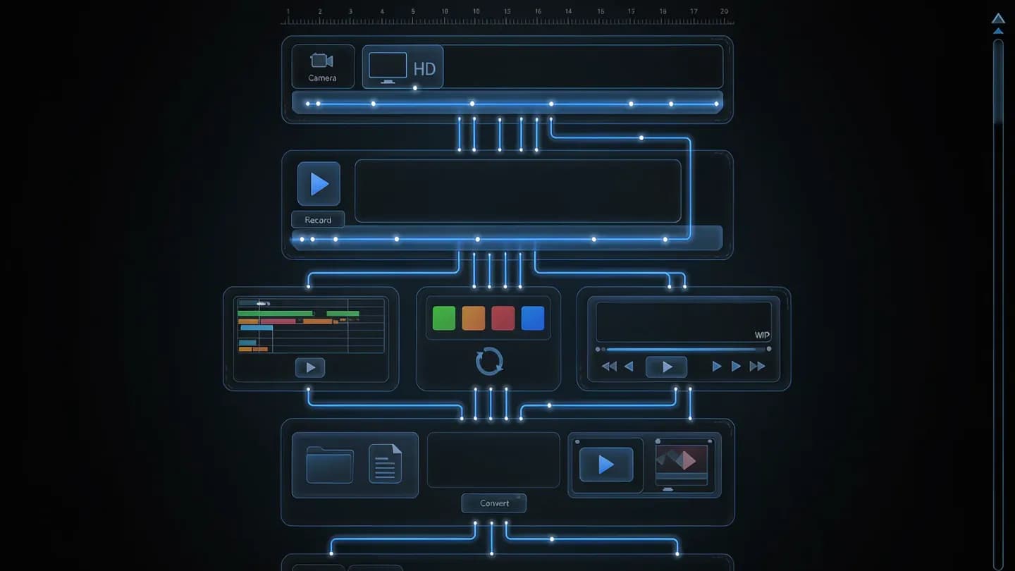 A schematic flow of provenance metadata moving through a video production pipeline