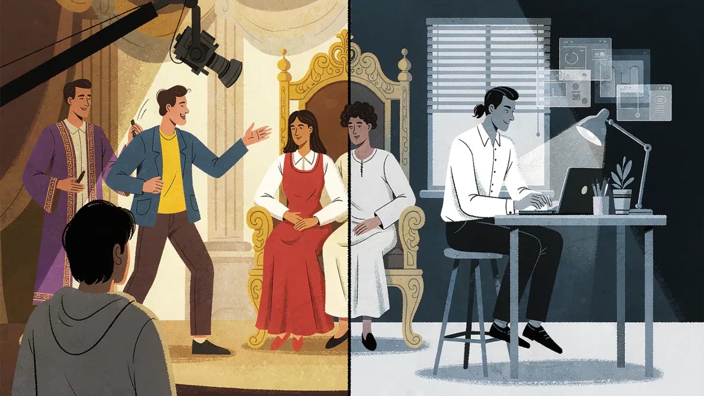 A traditional film crew compared with a solo creator editing AI video