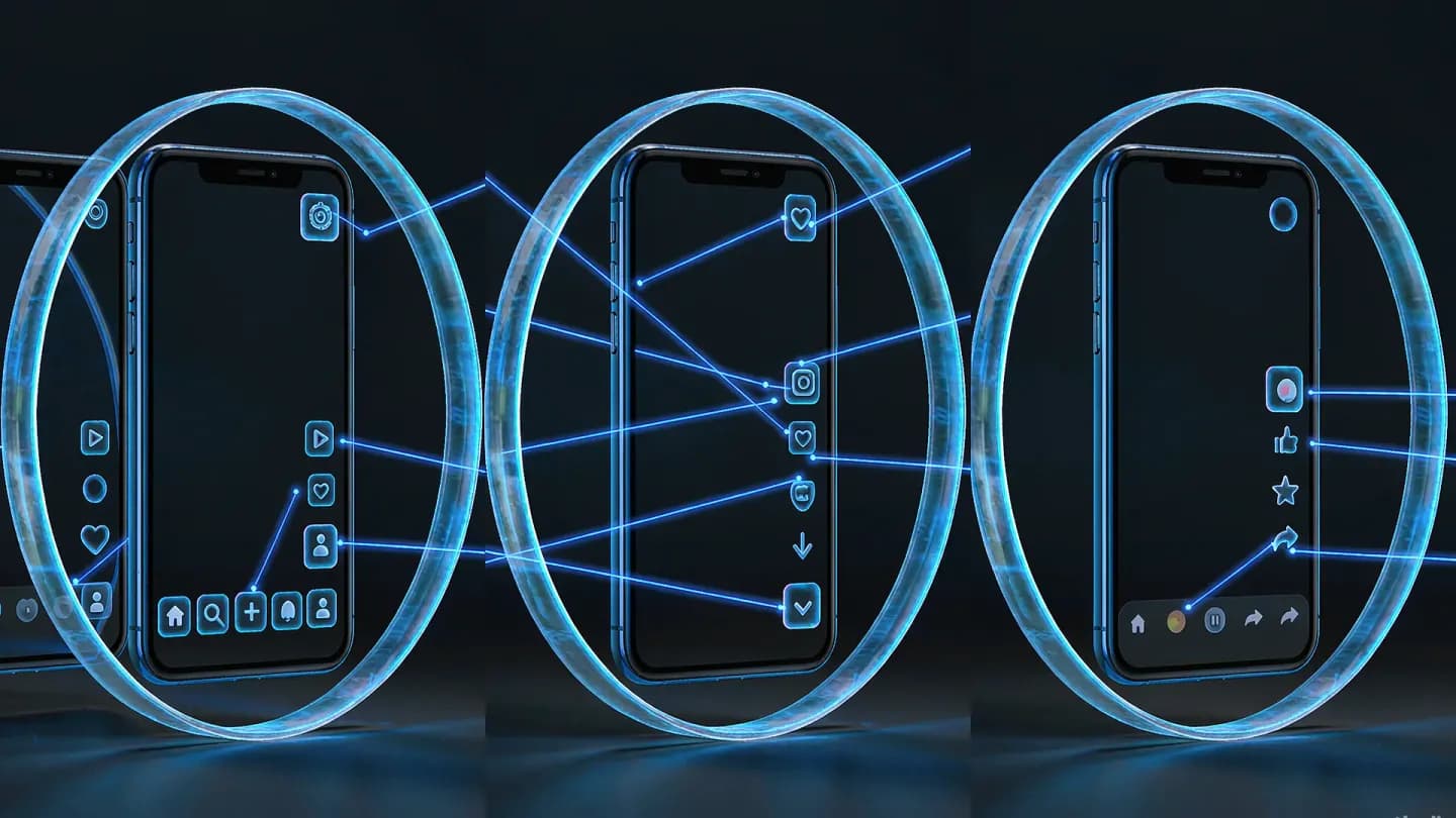 Three phone screens showing TikTok, Instagram Reels and YouTube Shorts feeds with glowing engagement rings