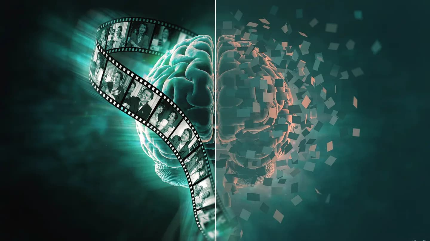 A brain rendered with a continuous glowing film strip on one side and disjointed static fragments on the other
