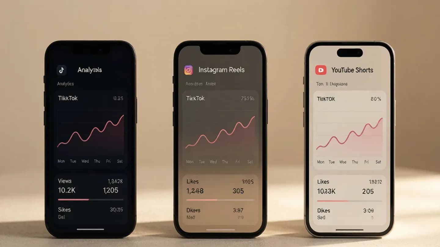 Three phones side by side displaying analytics dashboards for TikTok, Instagram Reels, and YouTube Shorts