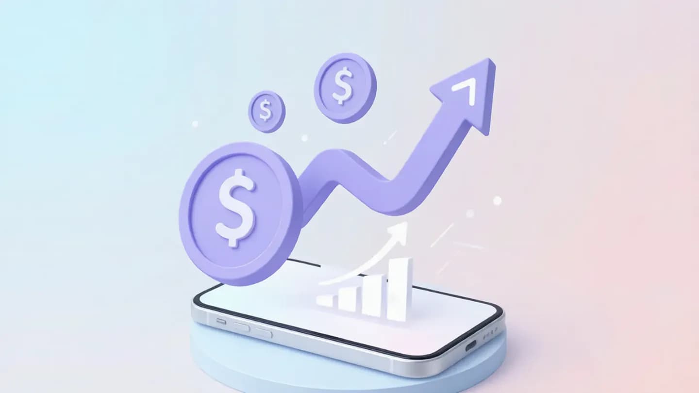 Coins and a rising arrow above a phone playing a vertical short, symbolizing Shorts monetization