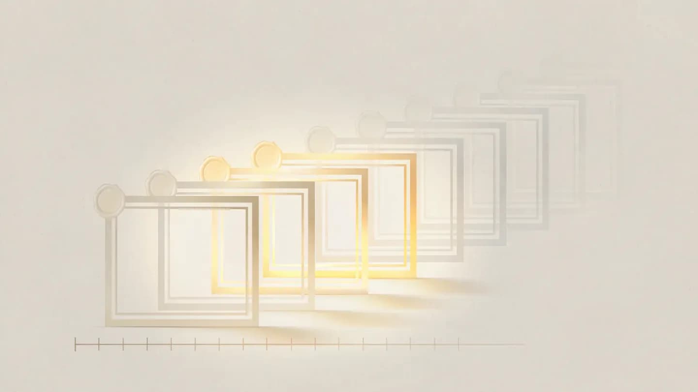 Editorial graphic of a chain of linked shot frames each carrying a seal, above an evenly ticked ledger strip