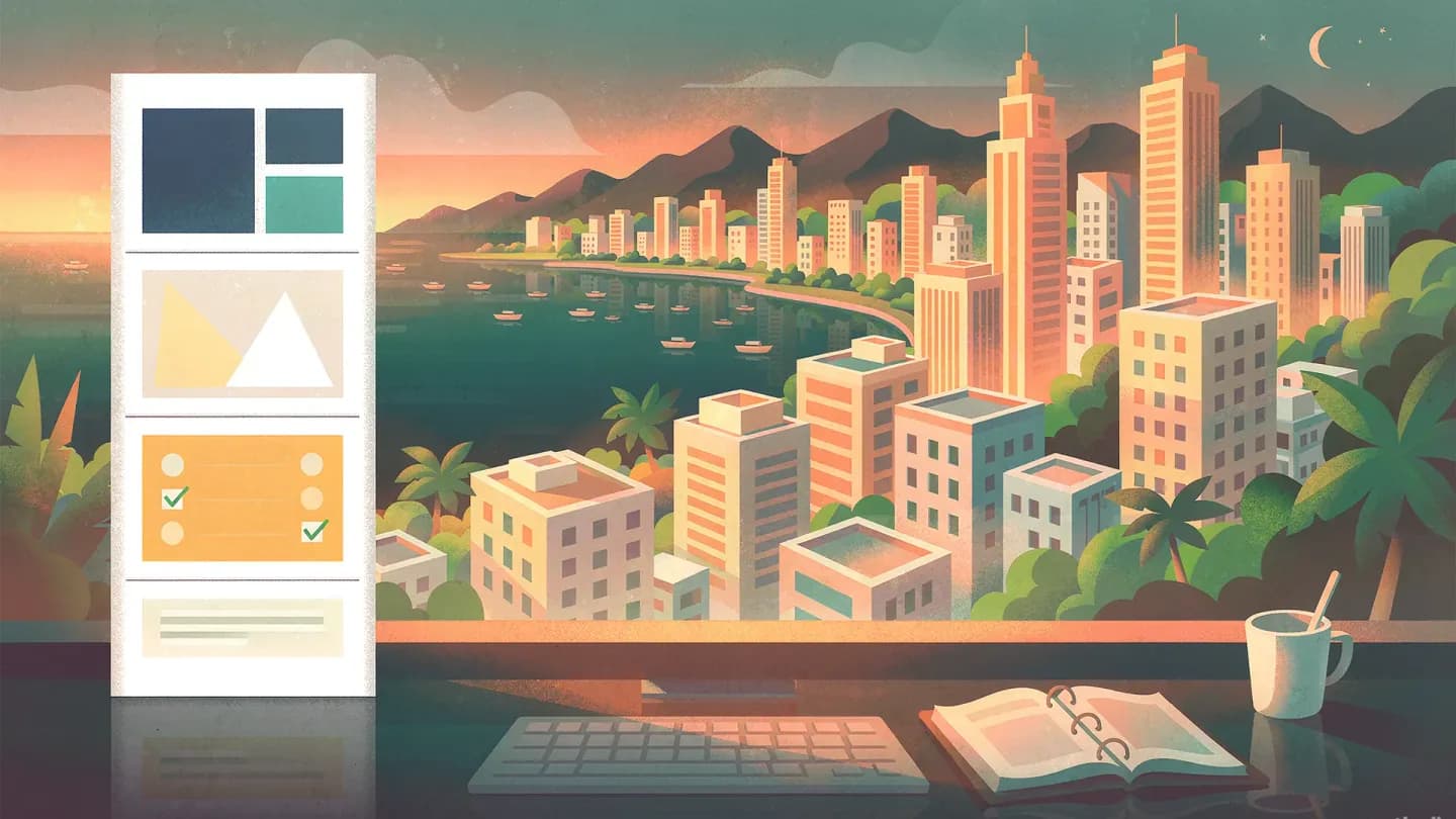Flat illustration of a video storyboard panel beside a compliance checklist column, set against a harbour city skyline at dusk