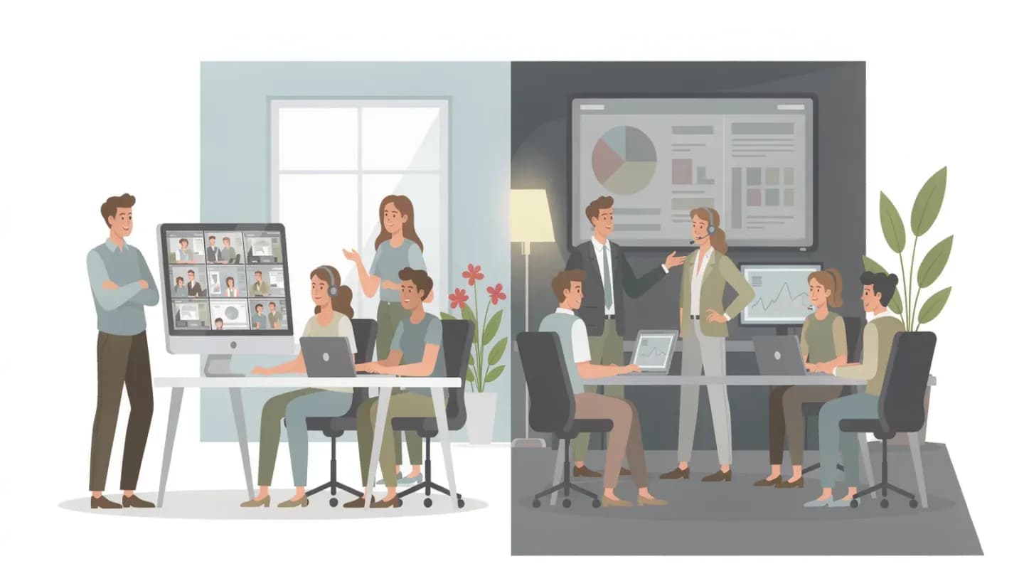 Split-panel illustration contrasting small-team generative creative versus enterprise inventory analysis