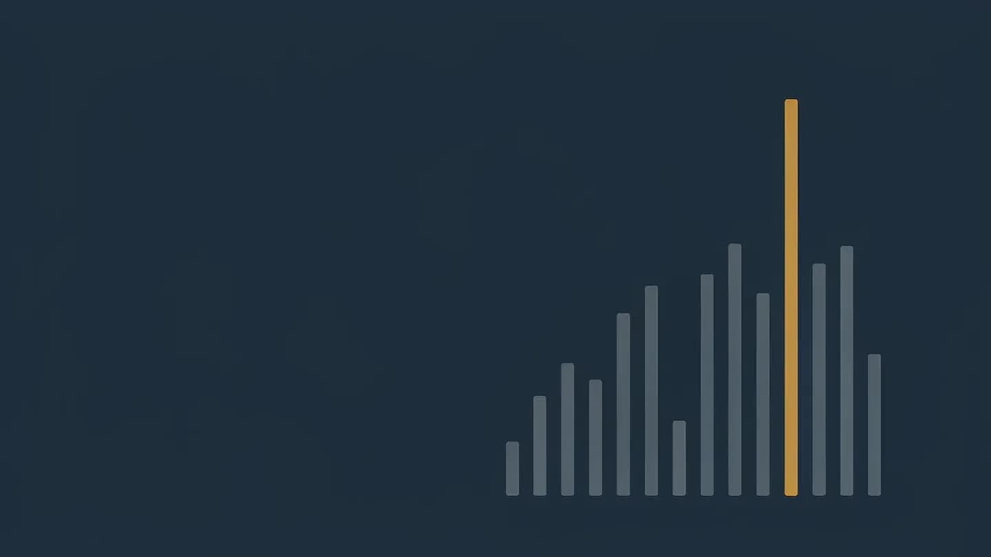 One tall warm amber bar rising far above a row of shorter slate grey bars on a flat deep navy background.