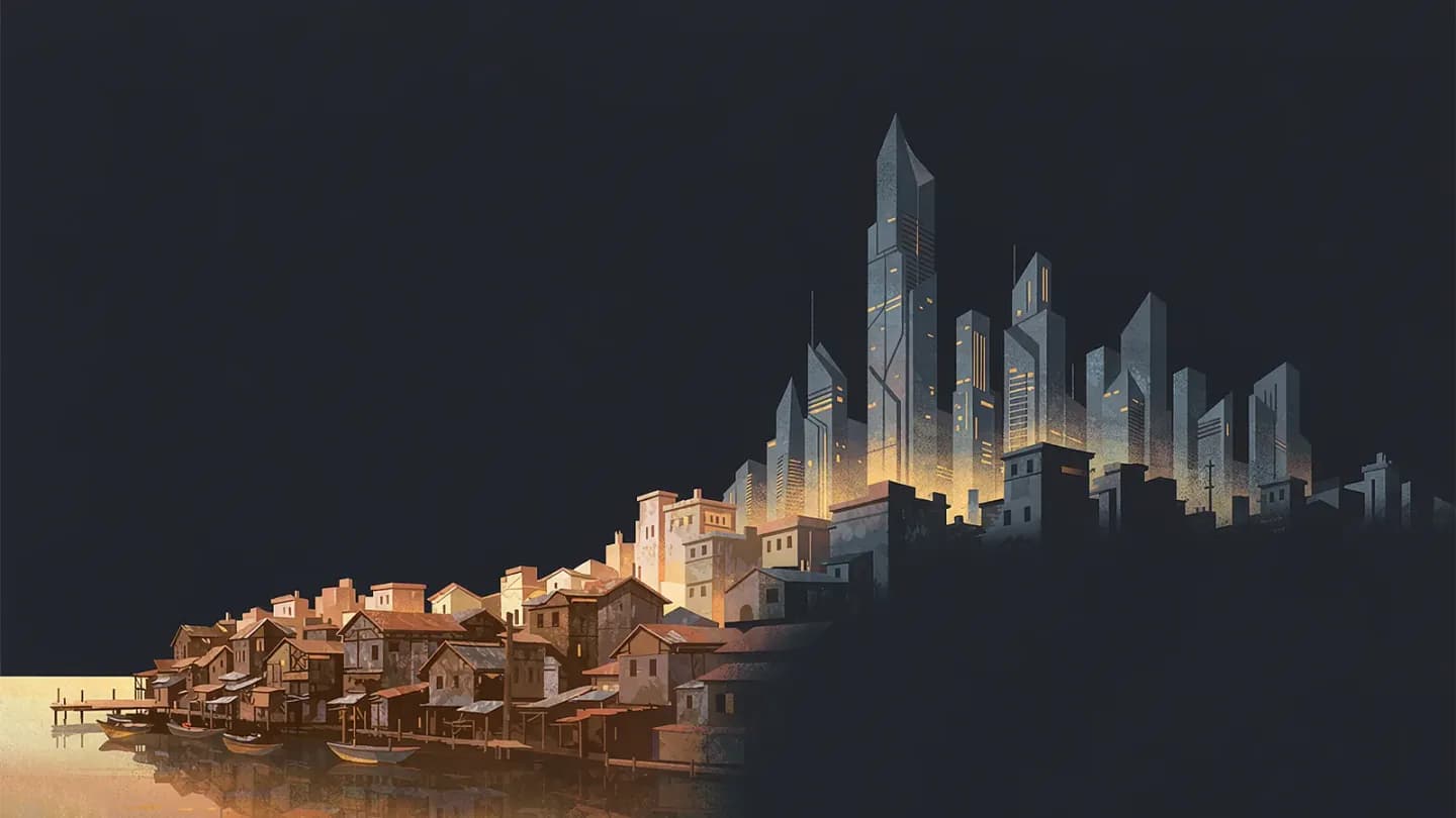 A skyline blending two eras: a sepia-toned low-rise harbor town on the left merging into modern glass towers on the right