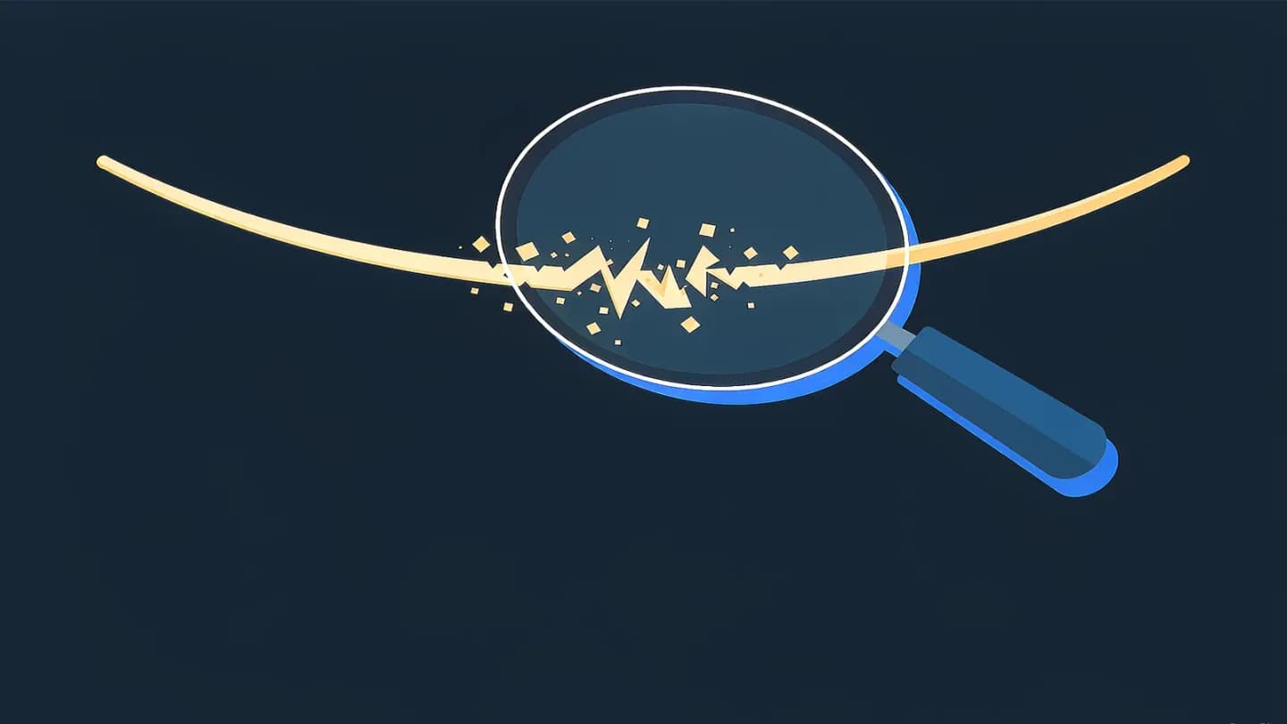 A magnifying lens over a smiling curve reveals jagged glitch fragments inside the frame