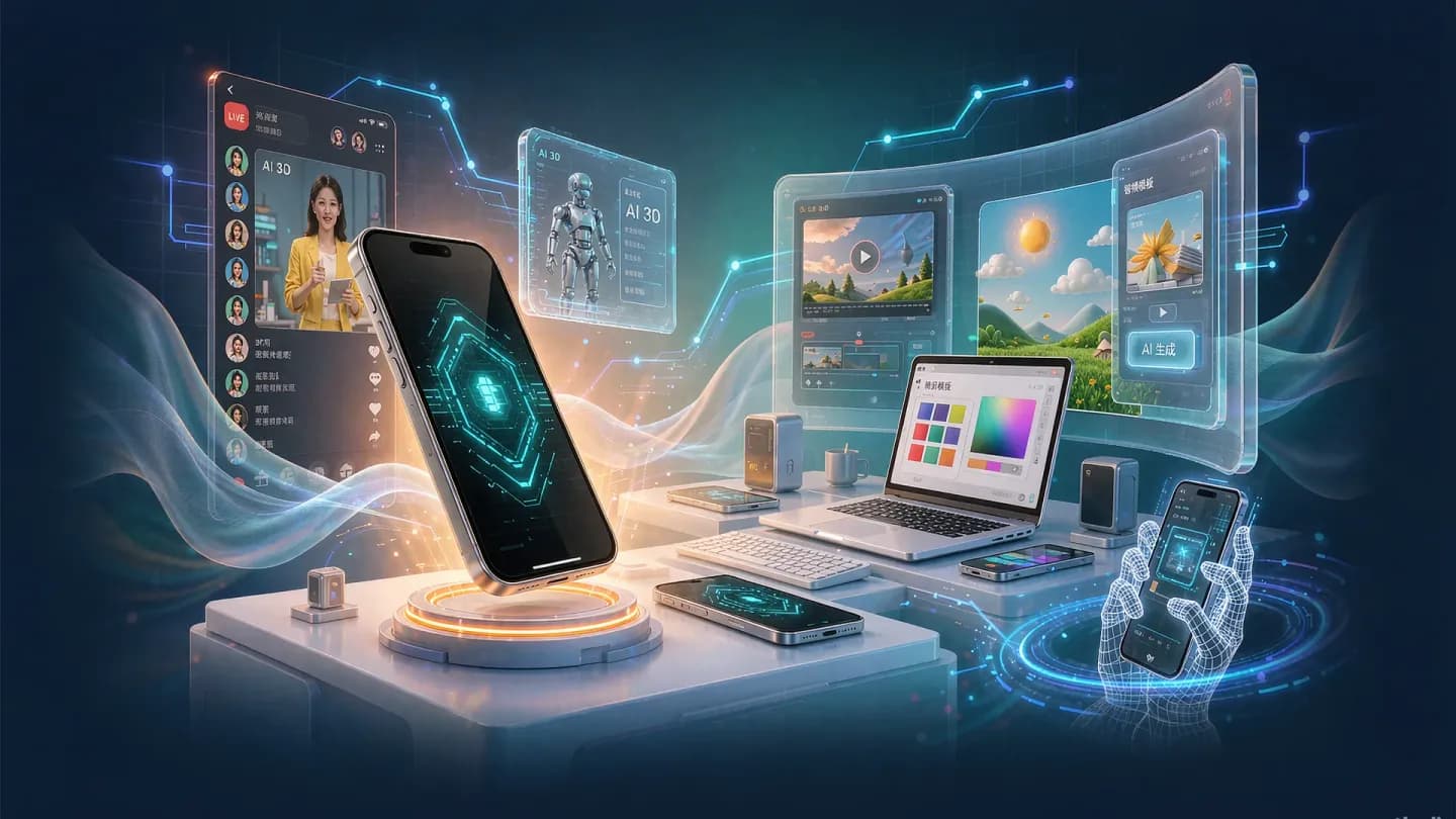 Split view of a live-commerce smartphone screen and an AI video editing workspace linked by data streams