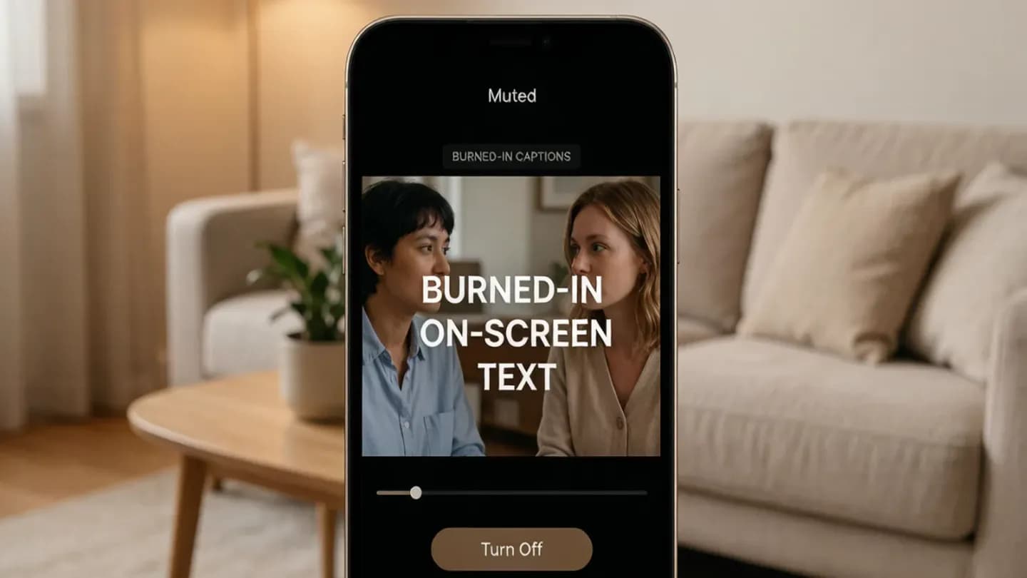 Phone playing a muted video with captions and supers visible, illustrating sound-off design