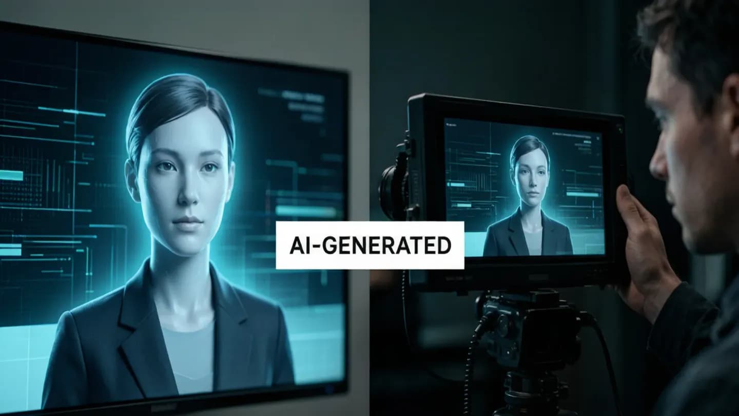 An AI-generated ad avatar on one screen and a human film crew on another, divided by a visible AI-generated label.