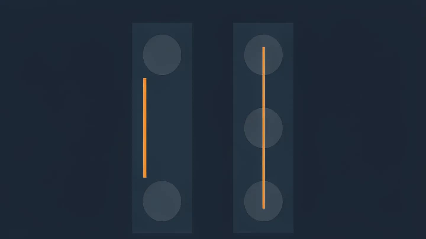 Two tall narrow rectangles on a dark navy field. The left holds two stacked circles with an amber vertical band offset to the left edge, clear of both. The right holds three stacked circles with an amber band down dead centre through them.