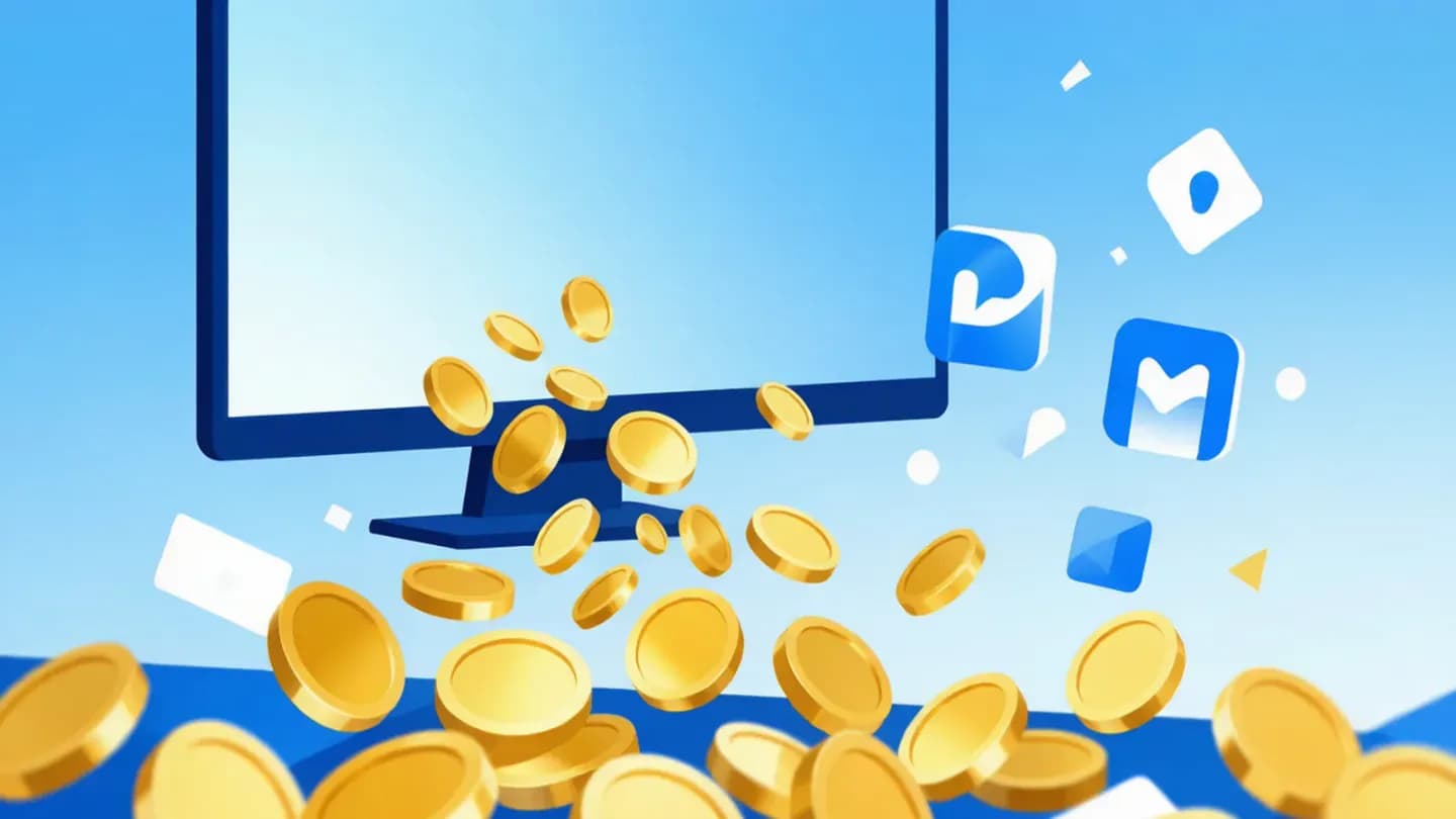 Budget flowing from a TV screen toward social media app icons.
