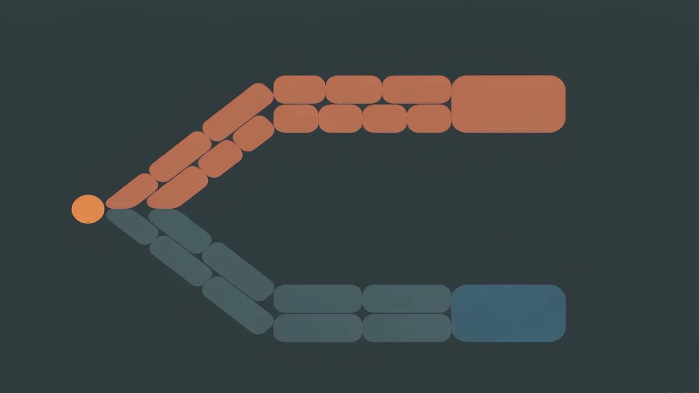 Two diverging paths on a navy field, one wide and tiled in amber for volume and one narrow slate path holding a single solid shape, visualising funnel-stage routing