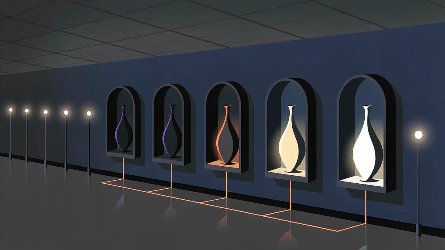 Five glowing gallery alcoves in a row, each refining the same vessel silhouette from rough to final under amber light
