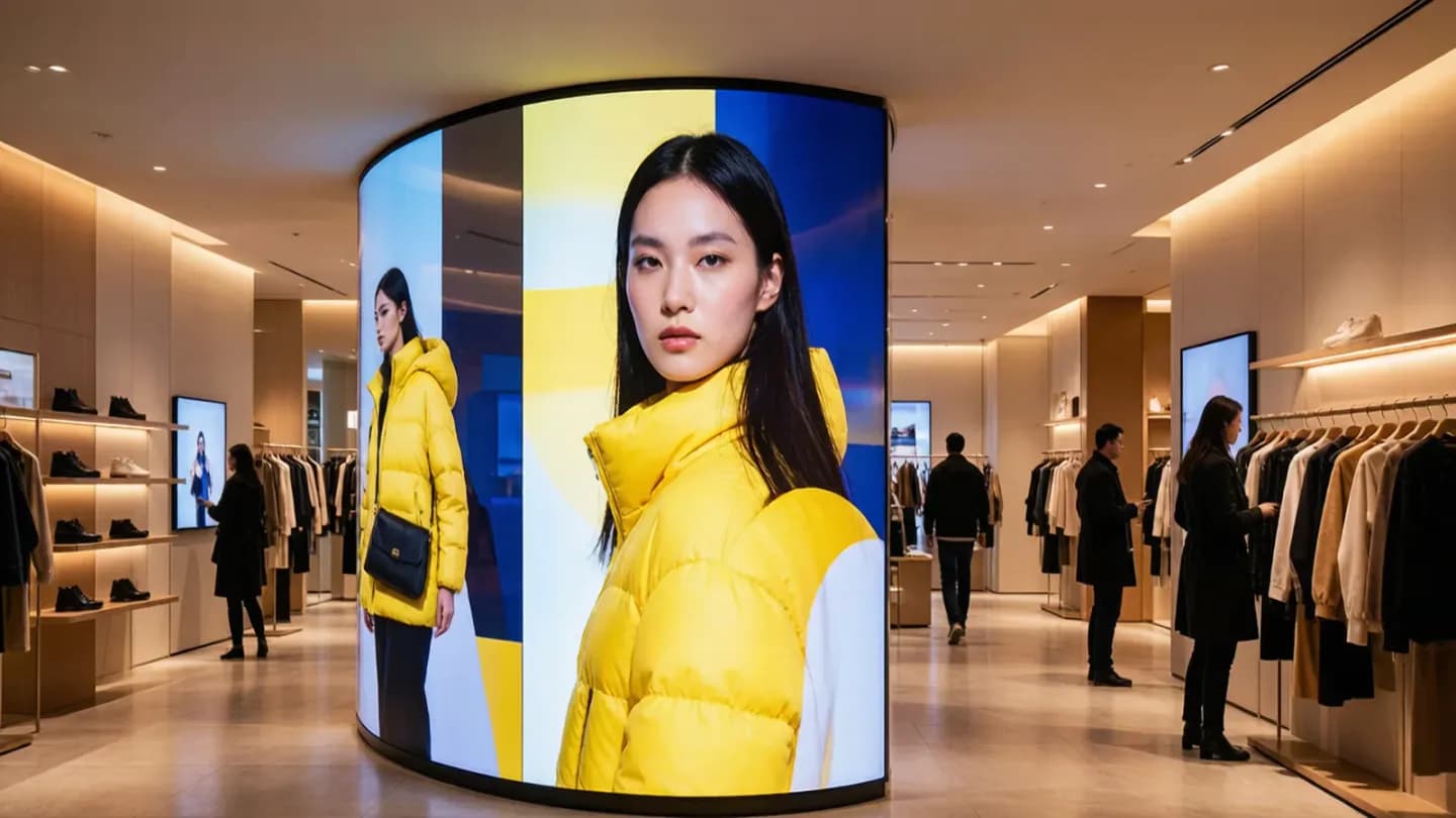 A modern retail store where digital signage screens display personalized AI-generated video ads.