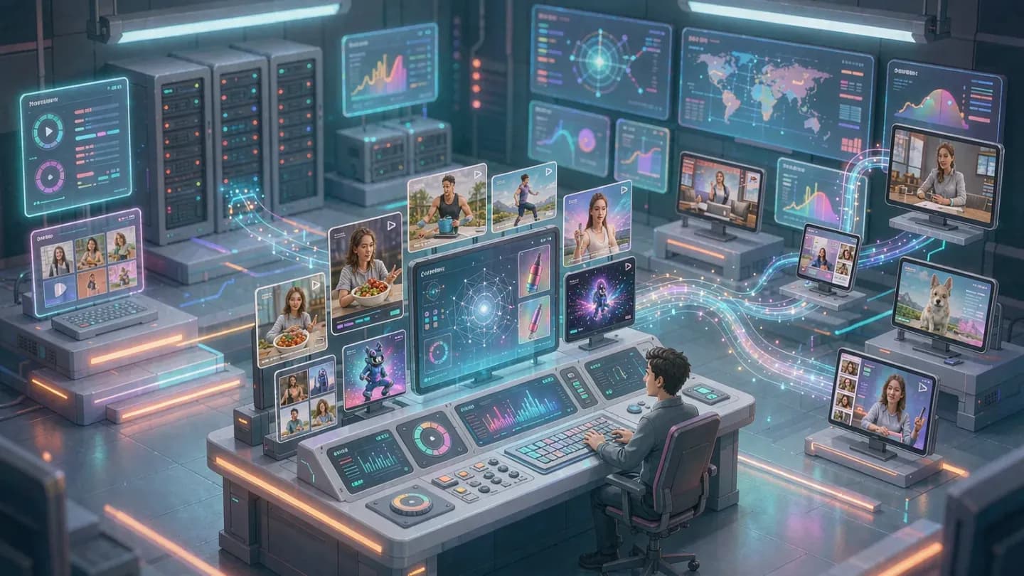 Isometric control room pushing AI video ads to CTV and social screens