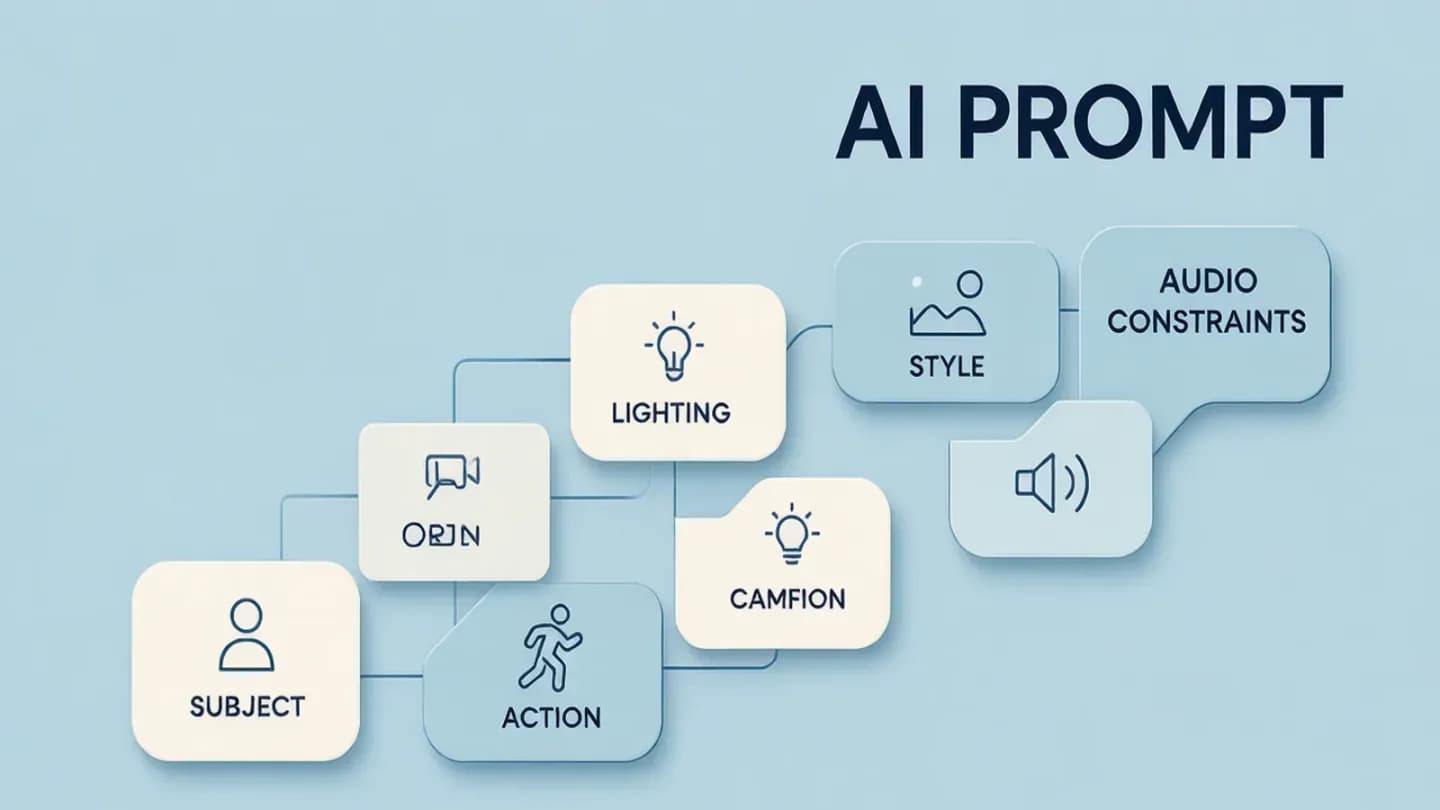 Flat diagram of a structured AI video prompt skeleton with labeled blocks