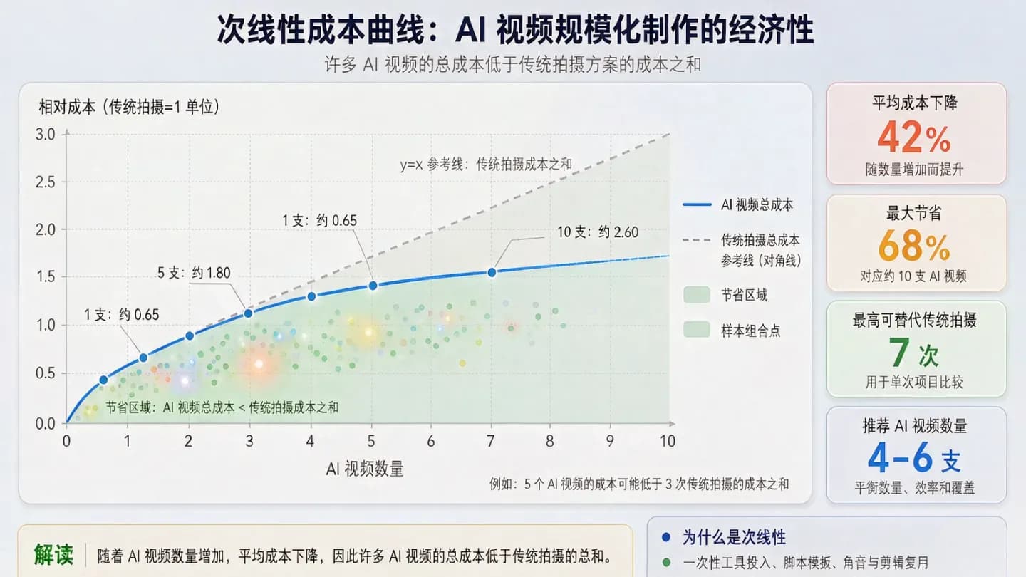 Sublinear AI video cost curve versus linear traditional