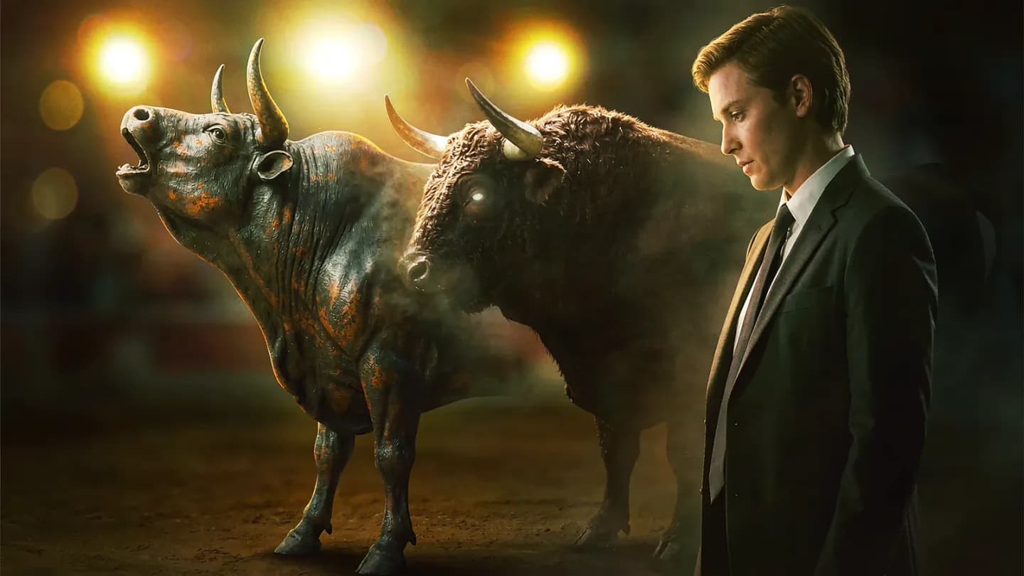 A businessperson beside a bronze bull transforming into a rodeo bull in an arena.