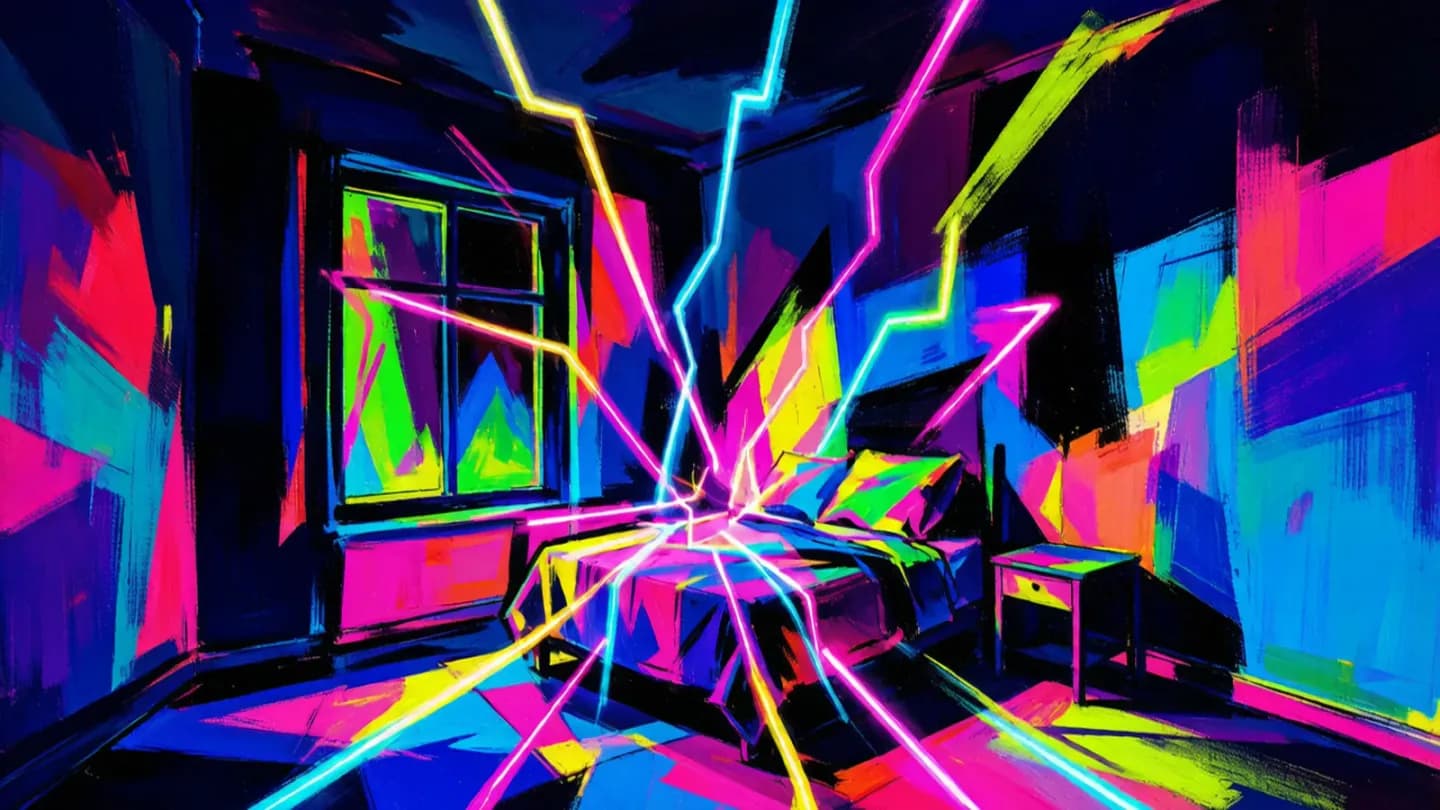 A neon expressionist animated bedroom hallucination in shifting painterly styles