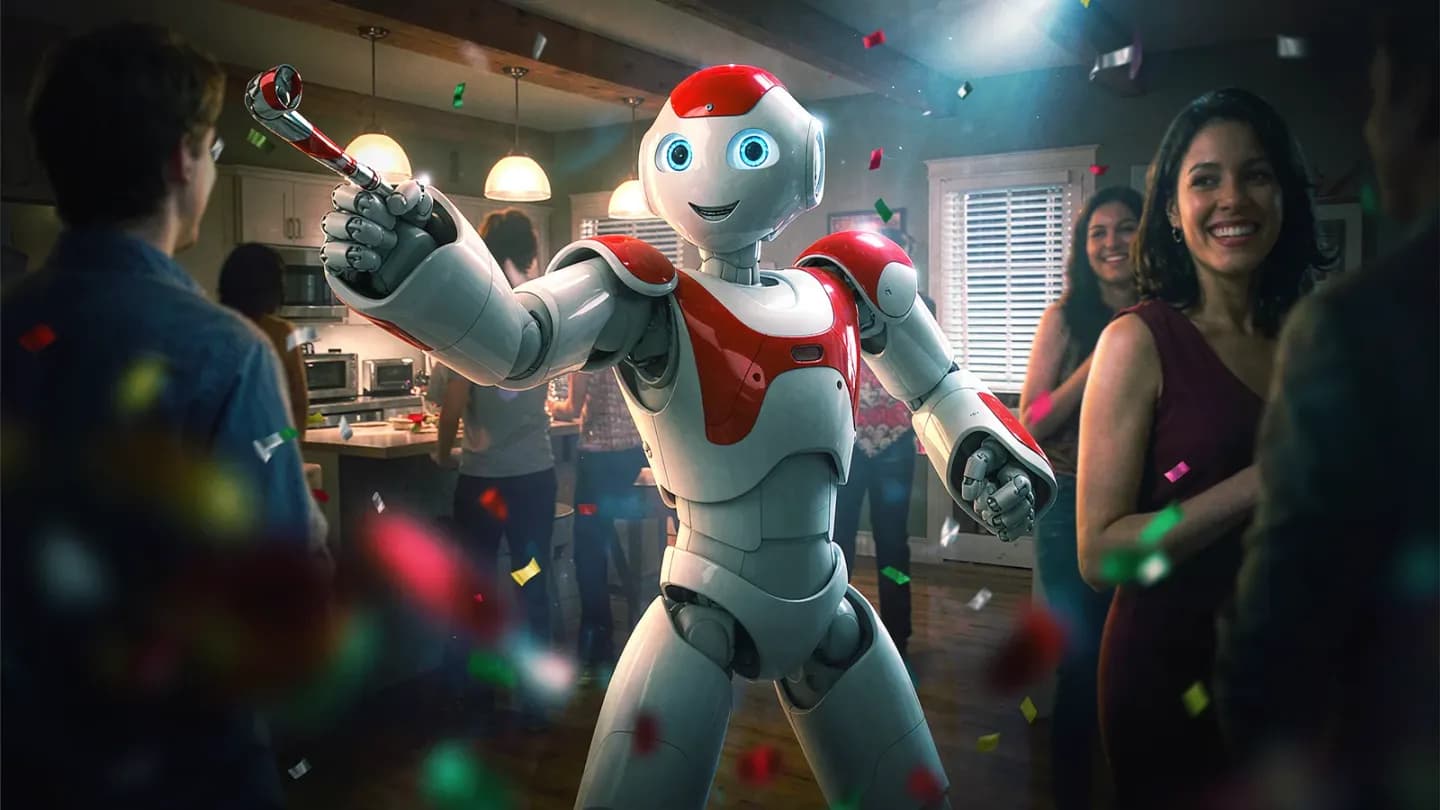 A dancing robot character at a human house party, evoking the first AI-generated Super Bowl ad