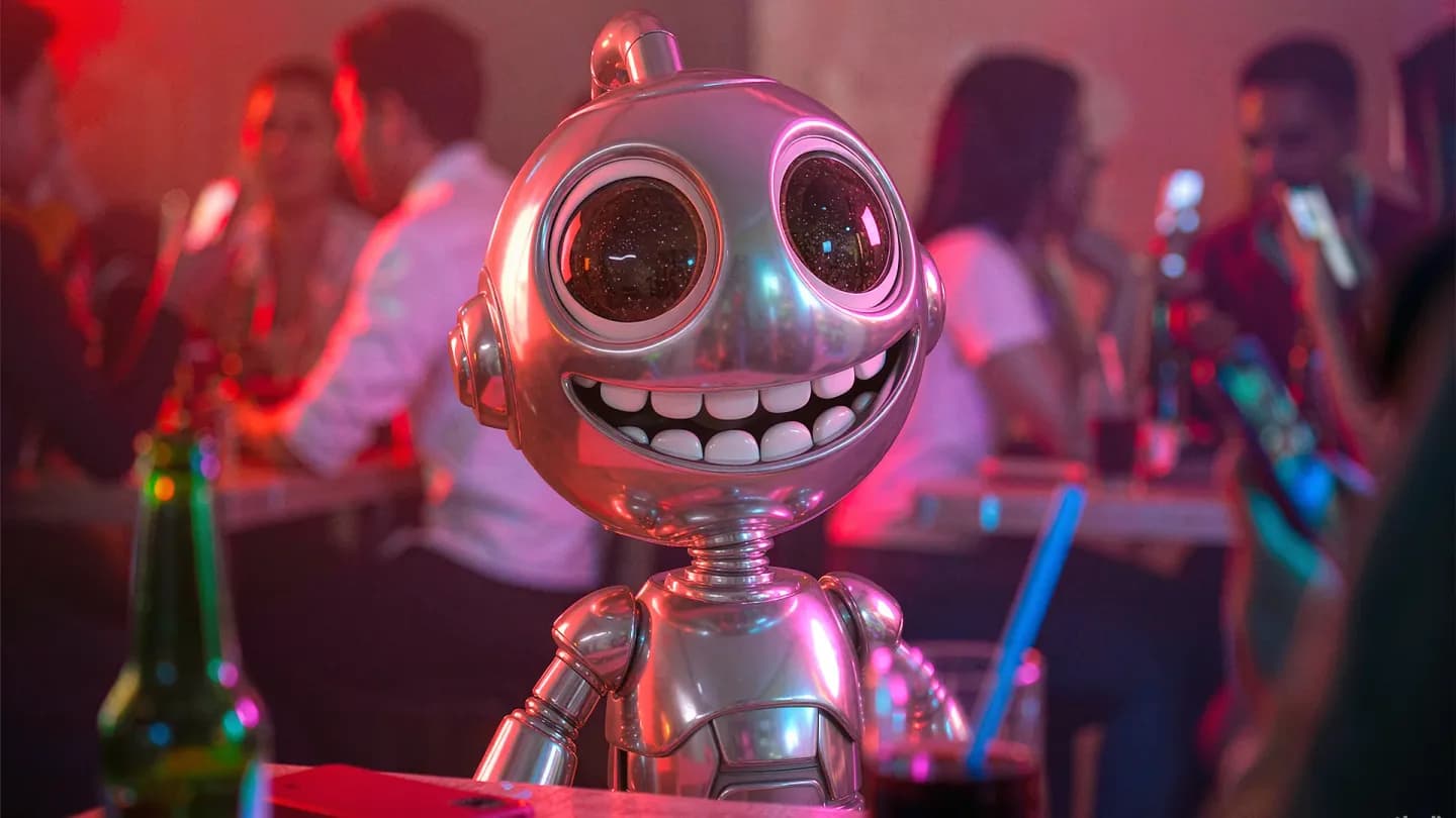 A stylized silver robot mascot at a vibrant house party, illustrating the first AI-generated Super Bowl ad