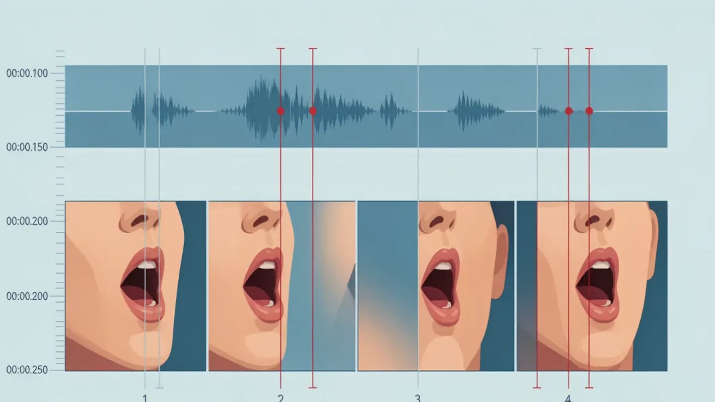 A waveform track above mouth frames with guide lines showing a small audio-to-lip timing offset.