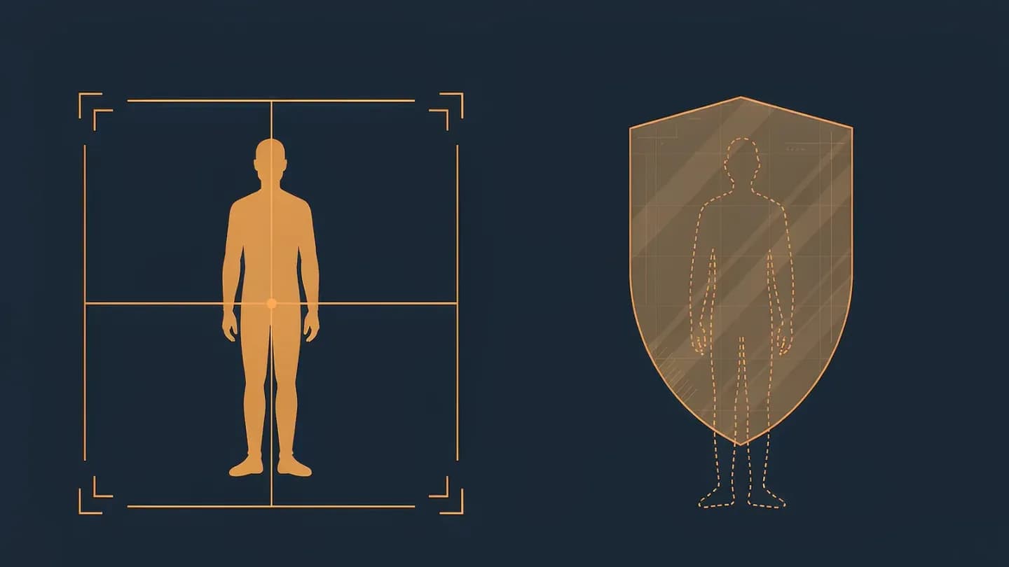 Illustration contrasting a solid human silhouette inside an approved frame with a dashed-outline generated figure stopped at a shield barrier on dark navy