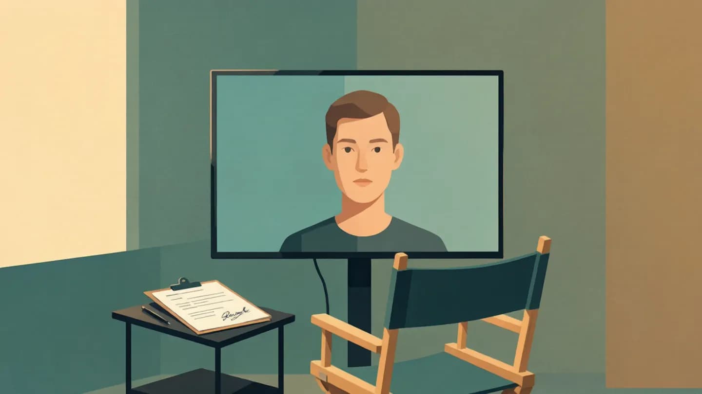 An empty director's chair facing a studio monitor displaying a generated human portrait, with release paperwork on a side table