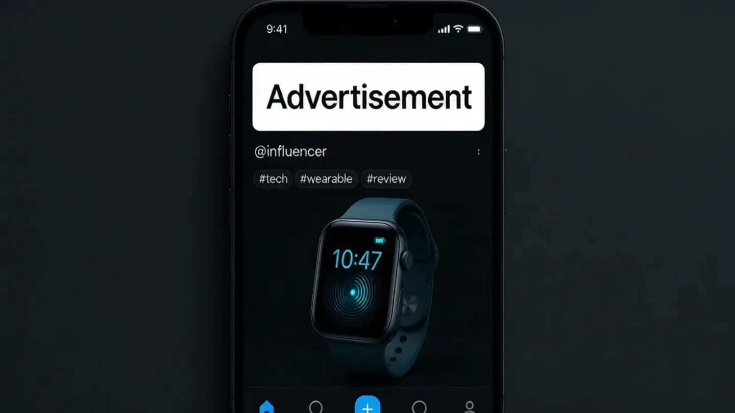 A phone showing an influencer post with the Advertisement label at the top before hashtags
