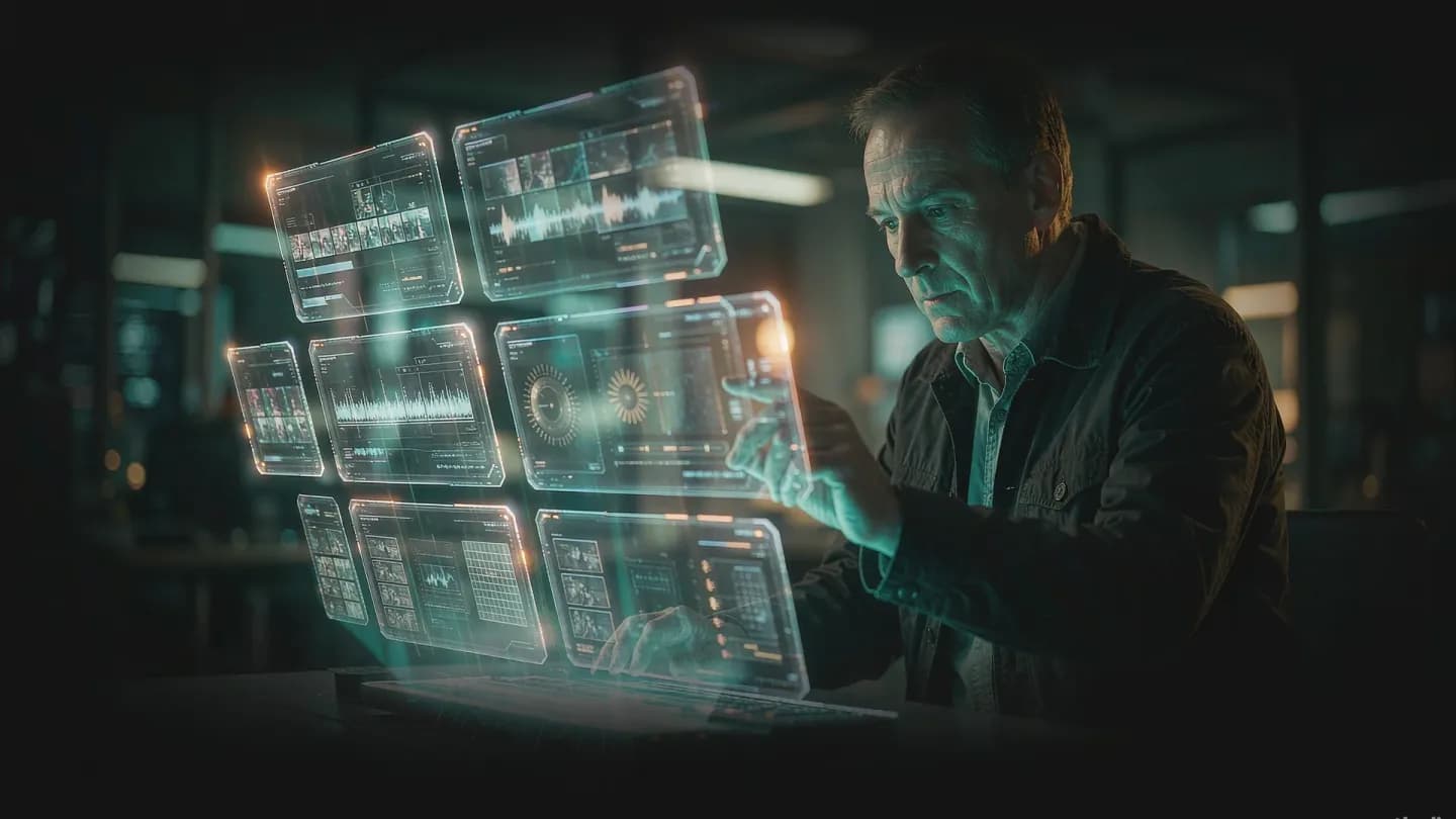 A director reviewing six glowing AI video model timelines in a darkened studio