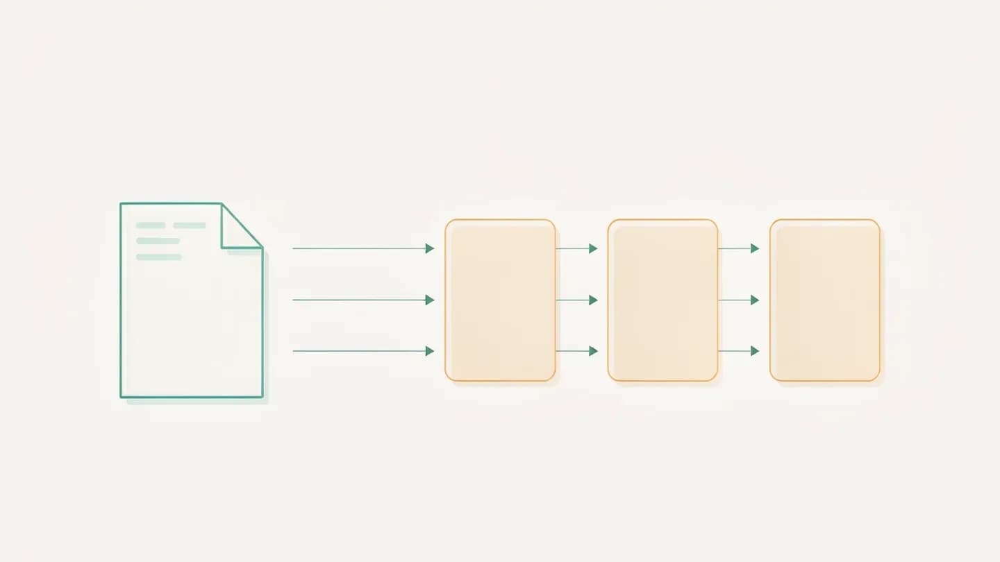 Flat vector diagram of one document splitting into three separate cards connected by arrows