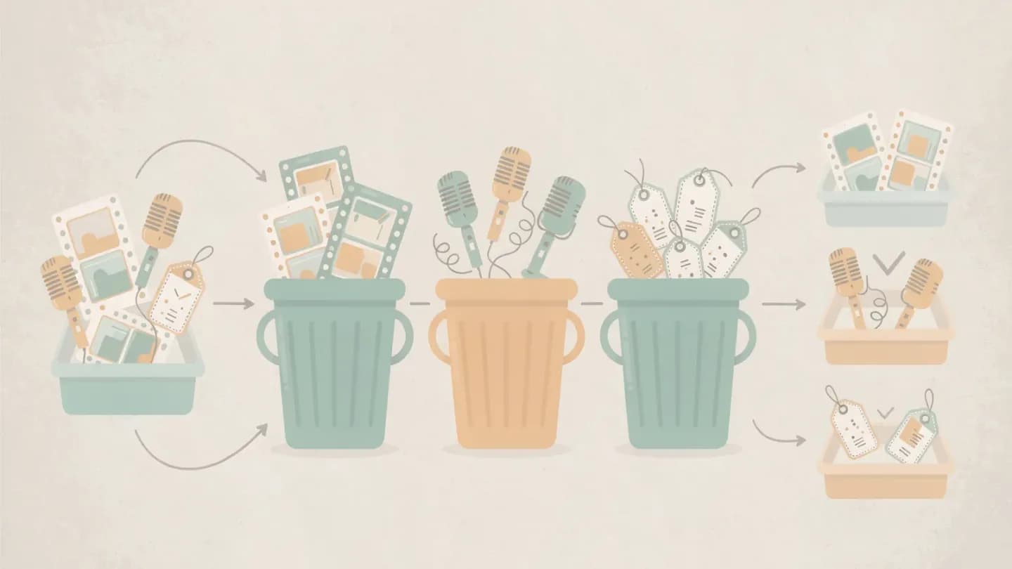 Flat vector diagram of three sorting buckets holding film frames, a microphone and a tag icon