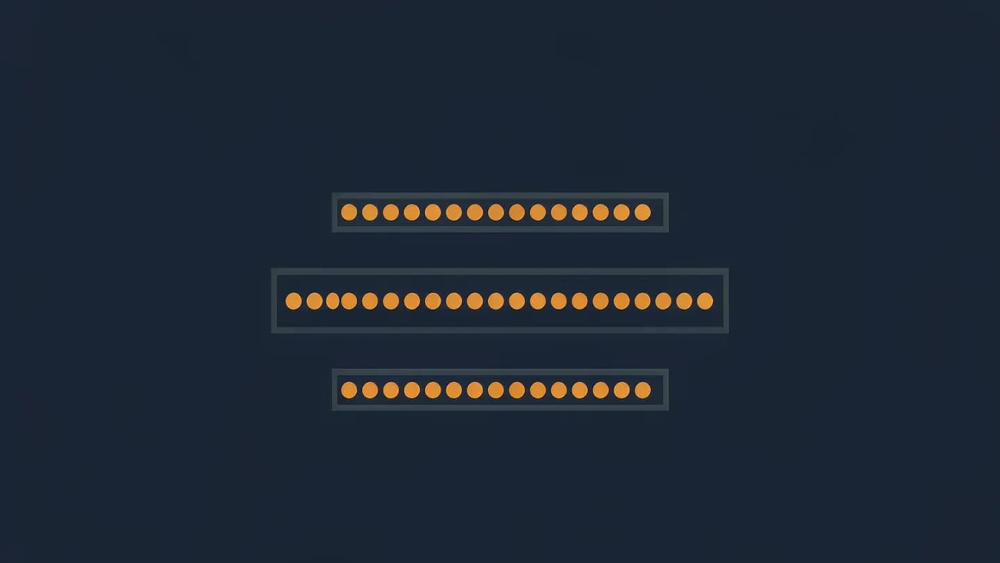 Three rows of amber dots, each surrounded by a differently sized slate grey outline, on a deep navy field.