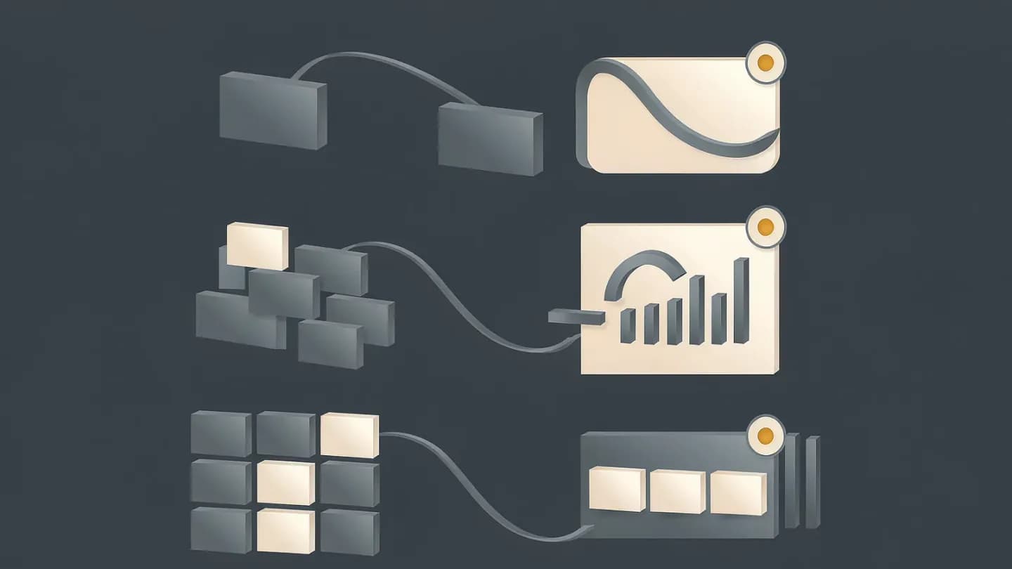 Abstract diagram of three separate horizontal lanes, each starting from a different kind of source block on the left and ending in a different moving frame on the right, on a dark navy field.