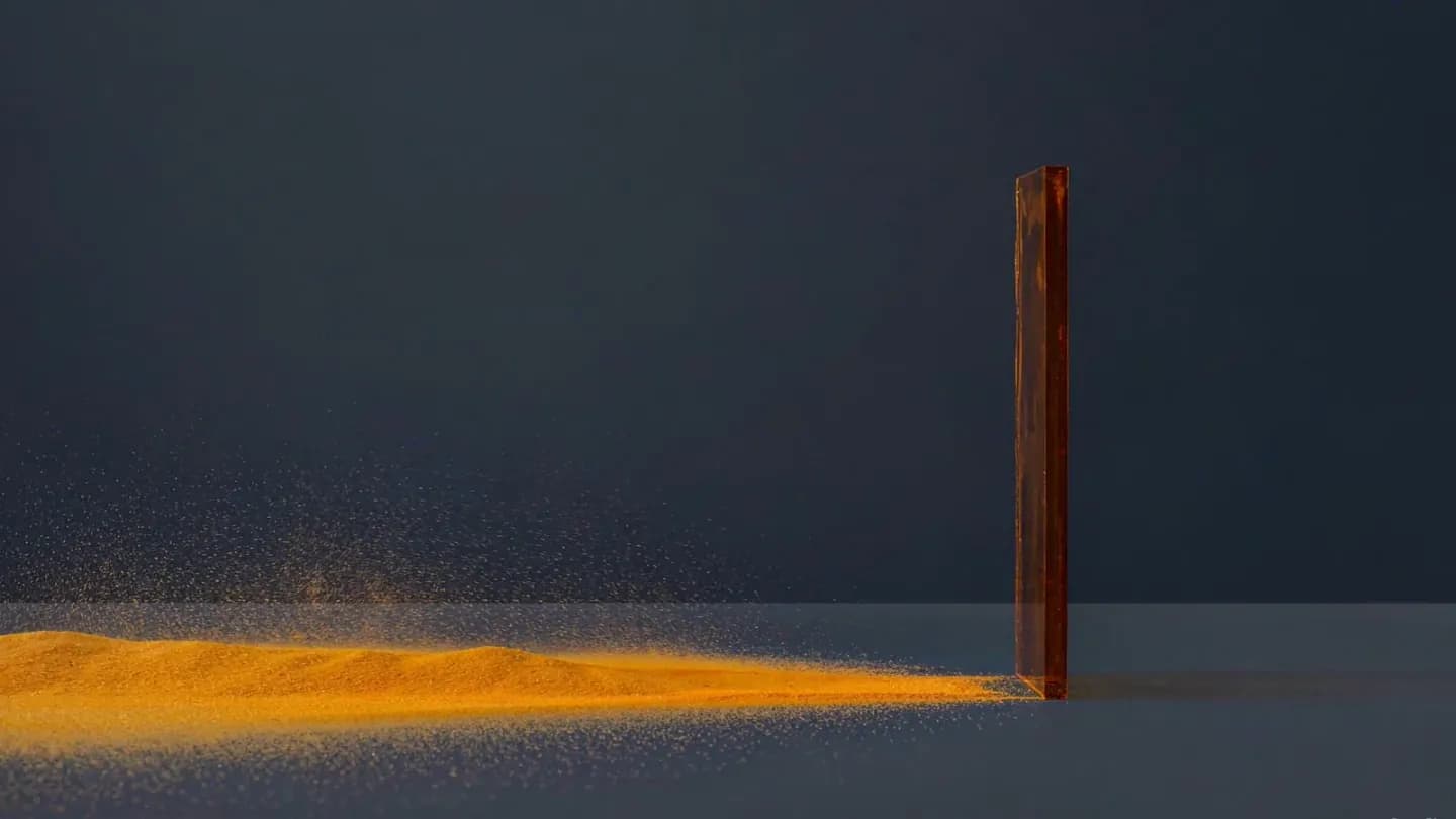 One tall amber column beside a wide shallow film of scattered dots, on a deep navy background.