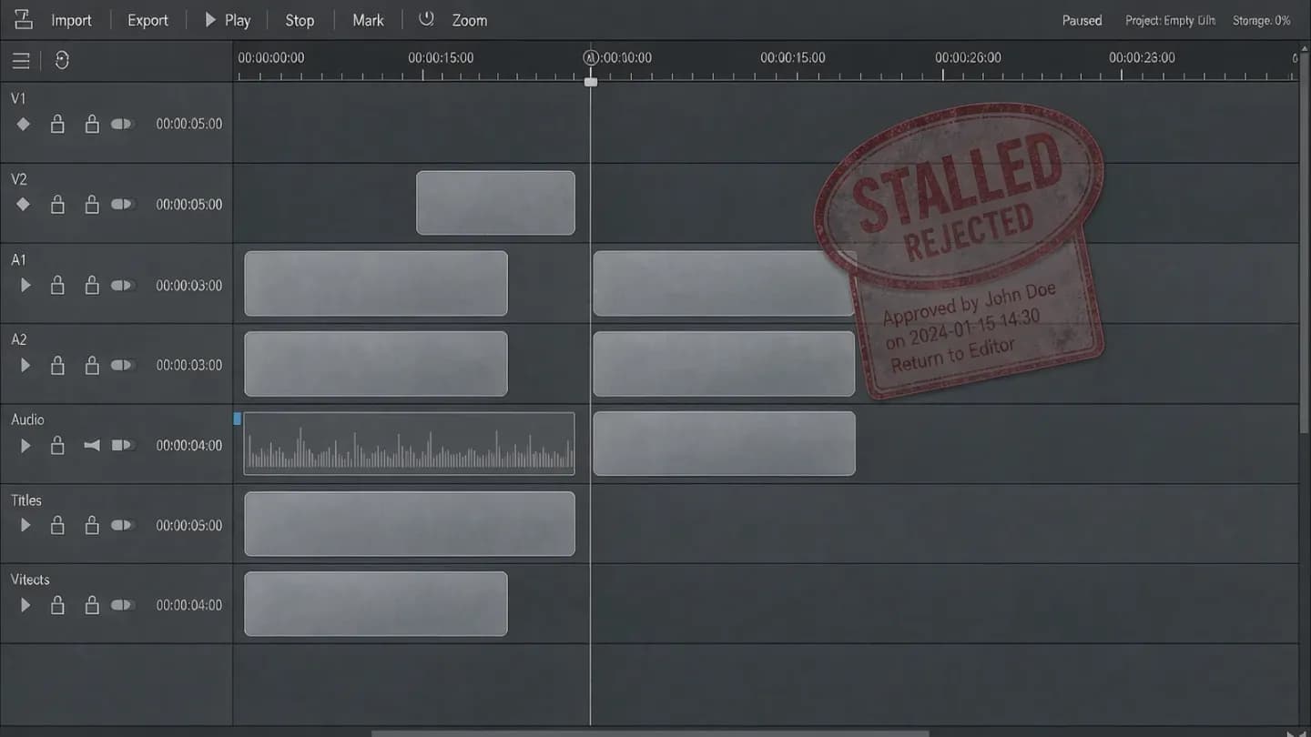 A stalled multi-track video editing timeline representing the traditional TVC production bottleneck.