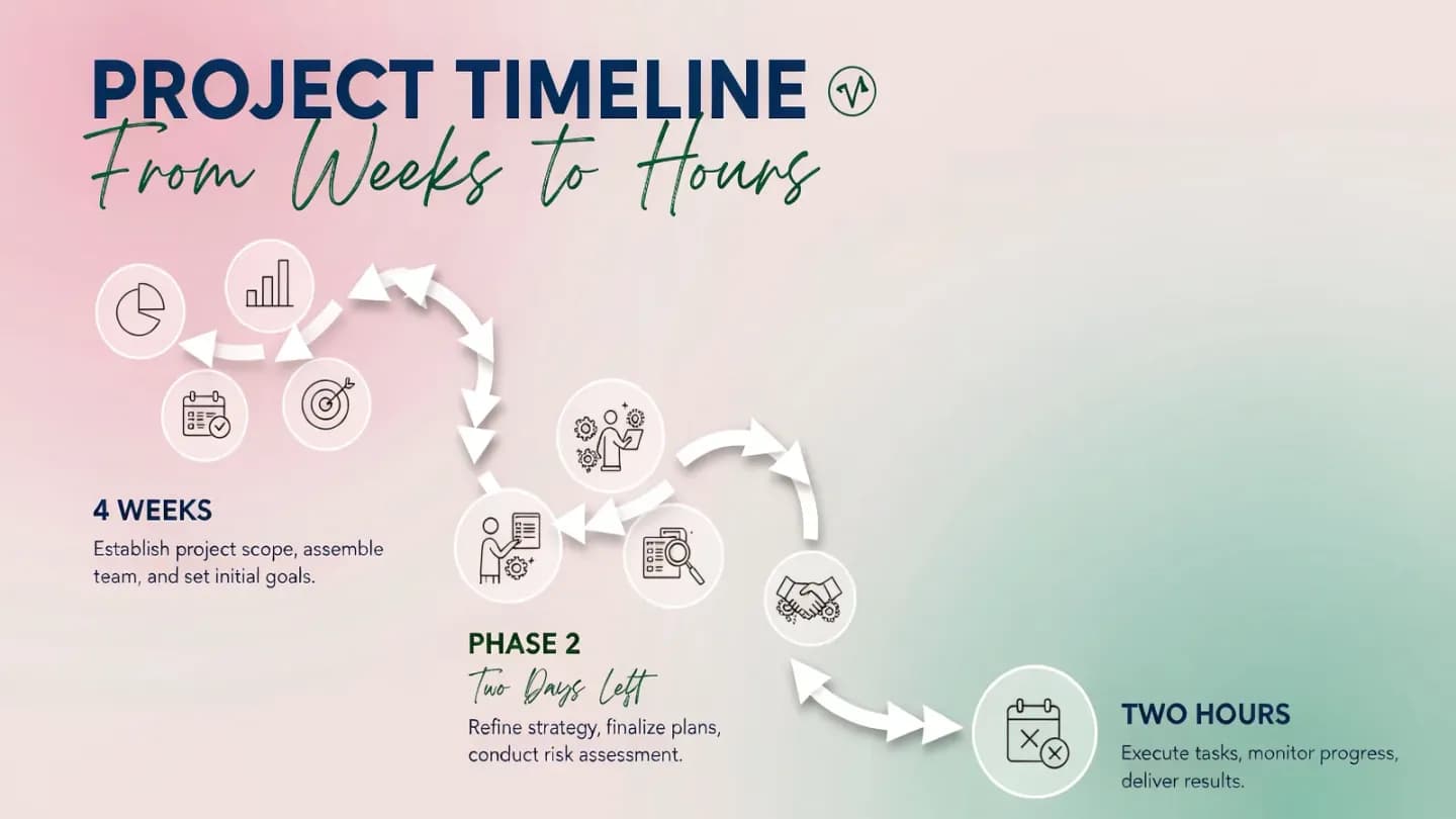Illustration of a production timeline compressing from weeks to two hours