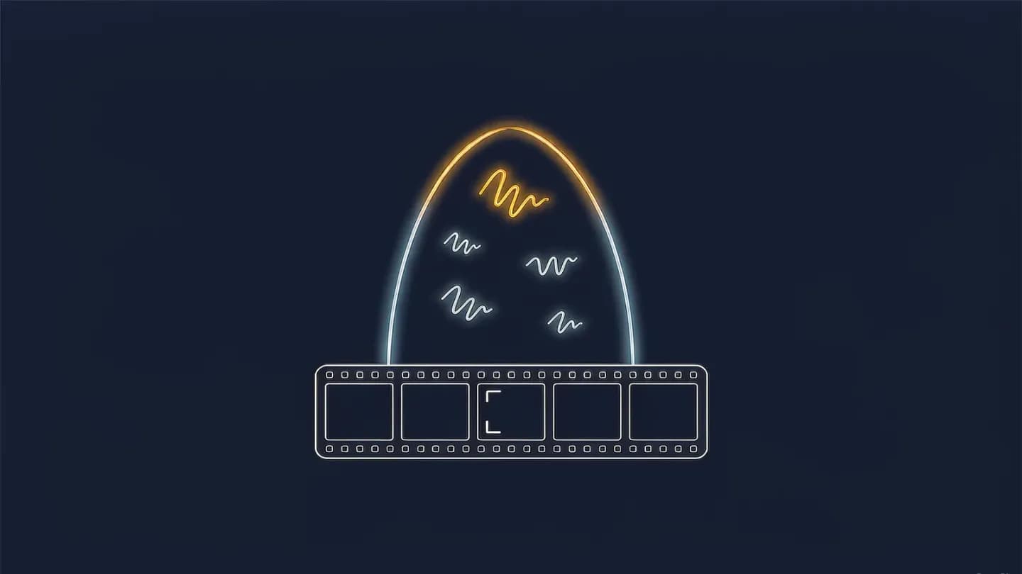 A filmstrip passes under a luminous scanning gate with small waveforms above each frame, one glowing amber