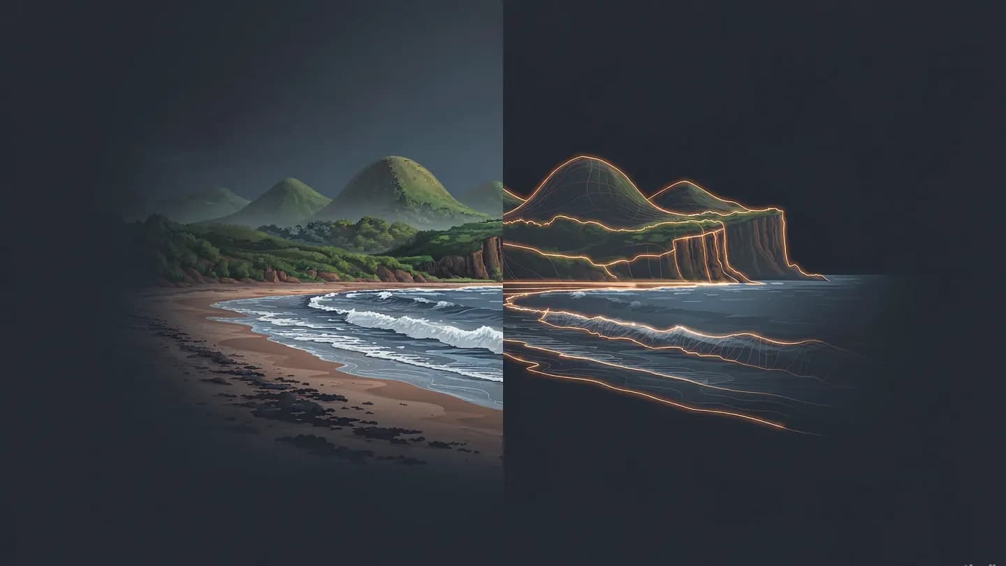 An aerial coastline split down the middle: the left side a solid rendered beach with waves and cliffs, the right side the same coast reduced to a glowing amber wireframe outline on a dark navy field.