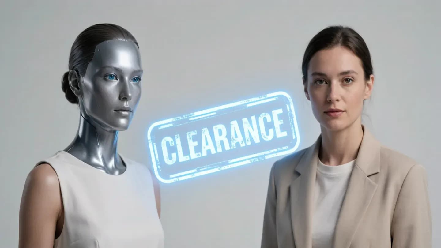A synthetic spokesperson beside a real actor with a clearance stamp marking the disclosure requirement