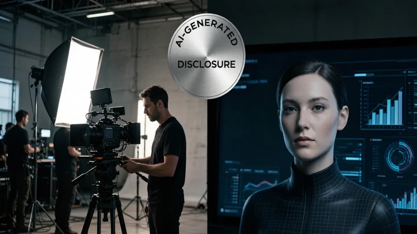 Split view of a film set with a live crew and an AI-generated spokesperson on a monitor, marked with a disclosure badge