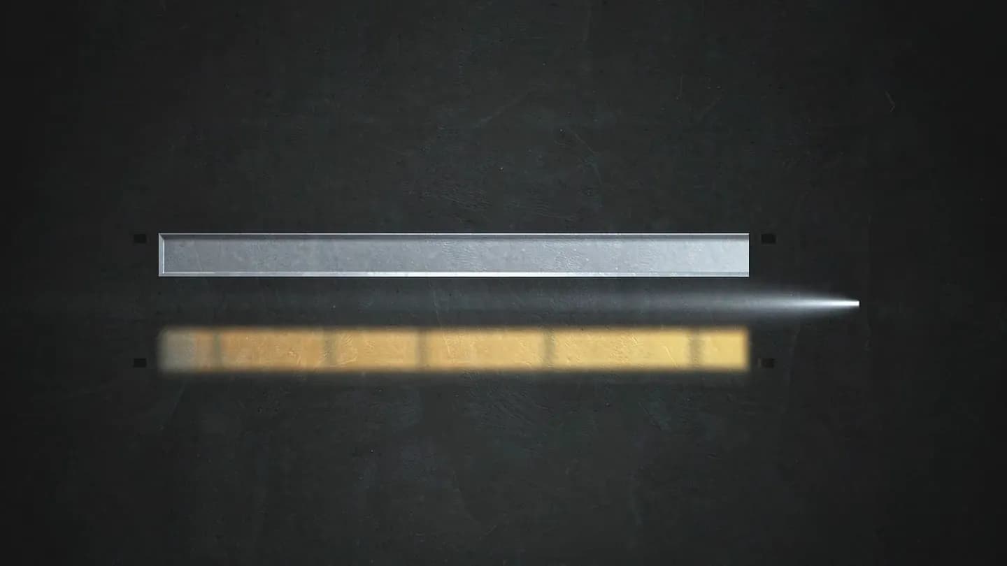 Two parallel glowing lanes crossing a dark slate surface, one narrow and white and one wider and amber, merging only at a single bright point on the right
